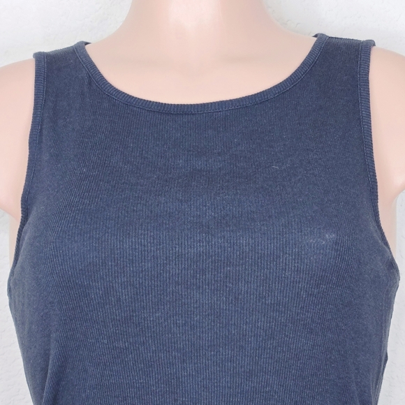 Vince Ribbed Knit High Neck Tank Top Navy Blue Stretchy Pima Cotton - Picture 2 of 7